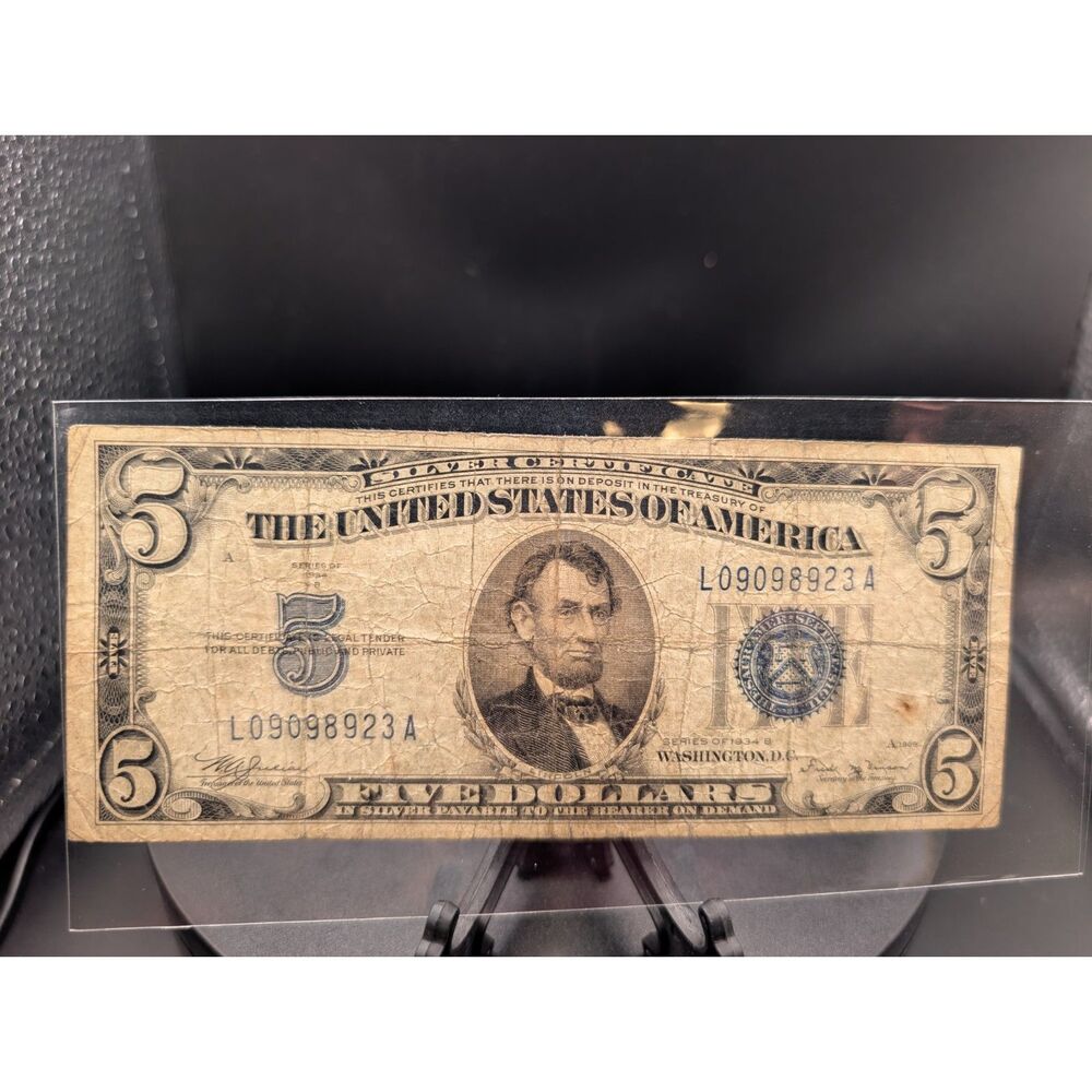 Series 1934 B $5 Blue Seal Silver Certificate Note L09098923A